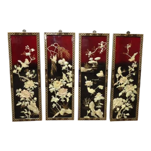 Vintage Oriental Asian White Mother of Pearl Four Panel Screen Flowers & Birds