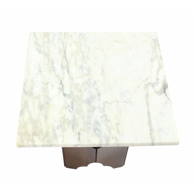 Wood Pair of Mid-Century Modern Walnut Base Square Marble Top End Side Tables MINT For Sale - Image 7 of 8