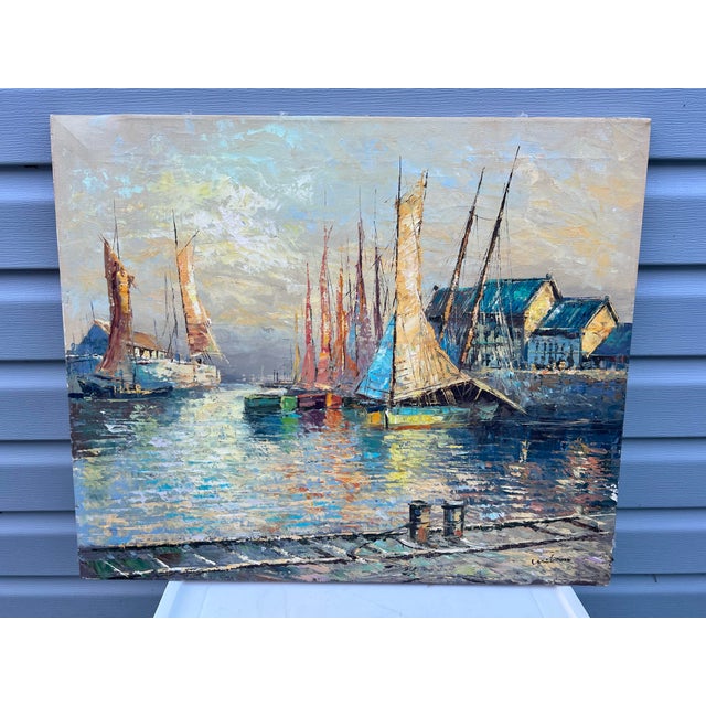 Mid 20th Century Mid Century Impressionist Painting of Boat Harbor Signed For Sale - Image 5 of 5