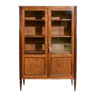 French Louis XVI Style Glass Bookcase Cabinet With Marble Top For Sale