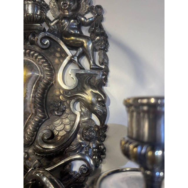 Silver 1900 Caldwell Silver Plated Sconces With Cherubs 3 Lights - a Pair For Sale - Image 8 of 12