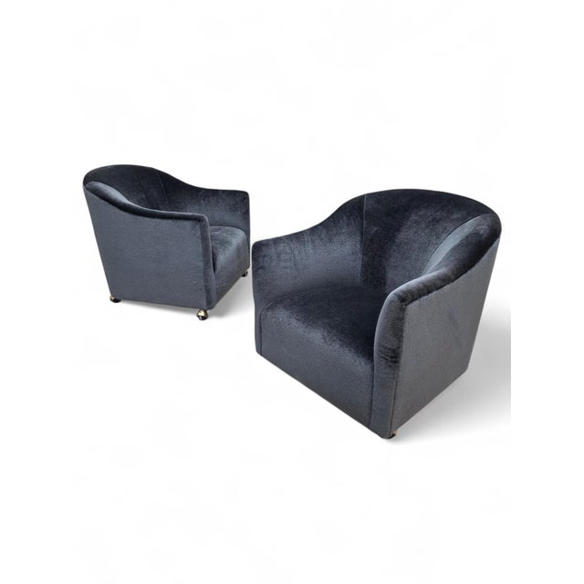 Mid Century Modern &nbsp;Barrel Back Club Chairs Attributed to Kroehler Newly Reupholstered in Italian Steel Black Double...