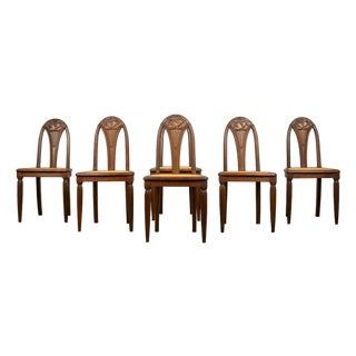 1930s Set of Six French Art Deco Carved Maple & Cane Dining Chairs For Sale