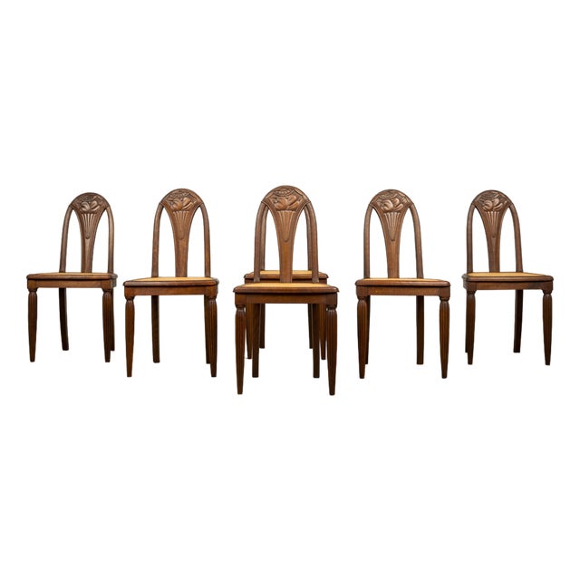 1930s Set of Six French Art Deco Carved Maple & Cane Dining Chairs For Sale
