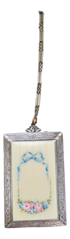 1920s Antique R & G Co Belais Guilloche 14k White Gold Front Sterling Compact