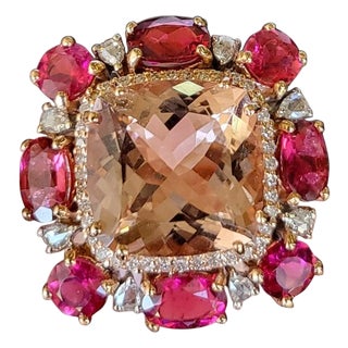 Set in 18k Gold, Natural Morganite, Rubellite & Rose Cut Diamonds Cocktail Ring, Size 6 For Sale