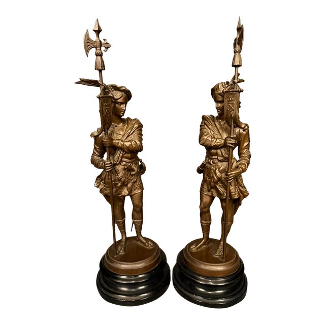 Pair of 19th Century European Bronze-Finished Soldier Figures With Ebonized Bases, Circa 1890 For Sale