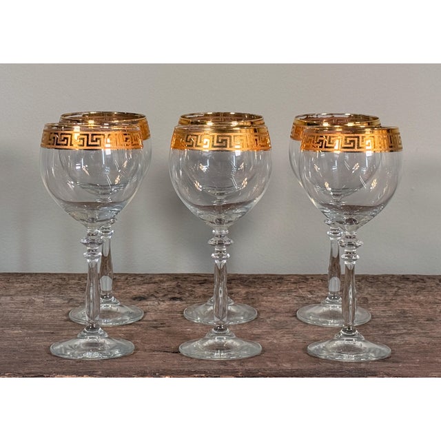 Hollywood Regency Vintage Gold Greek Key Rimmed Crystal Wine Goblets - Set of 6 For Sale - Image 3 of 6