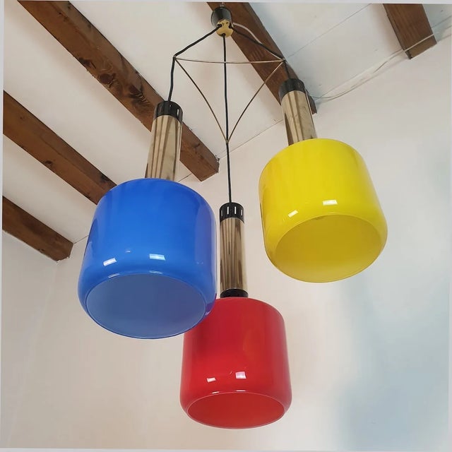 Metal Mid-Century Glass Pendants Chandelier, by Stilnovo 1960 For Sale - Image 7 of 12