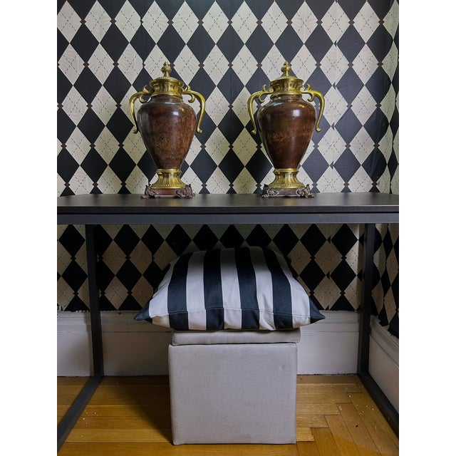 1970s Grand Neoclassical Patinated Metal Urns With Gilt Scroll Handles, Pair, 16" For Sale - Image 15 of 15