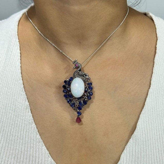Gemstone Handcrafted Peacock Brooch Pendant Featuring 23.32 Carats of Gemstones & Diamonds For Sale - Image 7 of 10