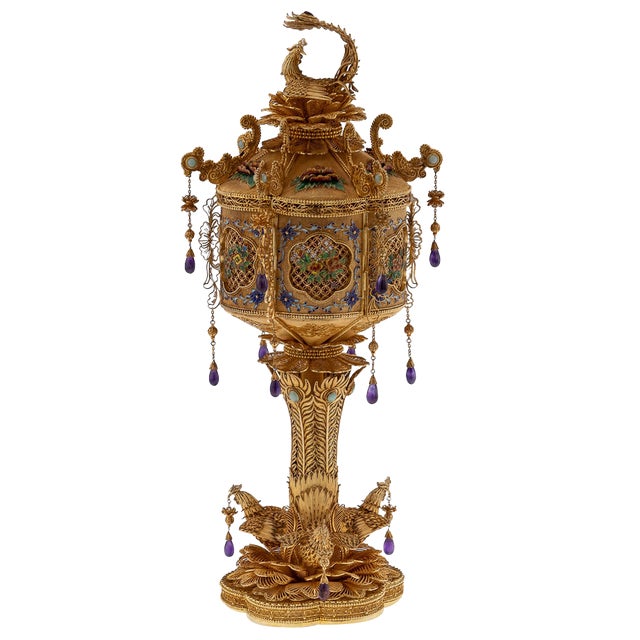 20th Century Chinese Export Silver Filigree Gem Set Cup & Cover, 1950s For Sale