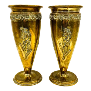 Art Deco Joseph Friedman Brass Floral Urn Vases - a Pair