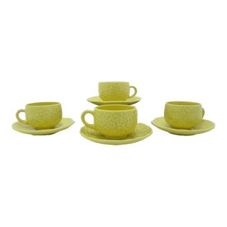 Mid 20th Century Secla Portugal Yellow MCM Majolica Cabbage Leaf Tea Cup & Saucer Set of 4 For Sale