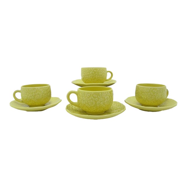 Mid 20th Century Secla Portugal Yellow MCM Majolica Cabbage Leaf Tea Cup & Saucer Set of 4 For Sale