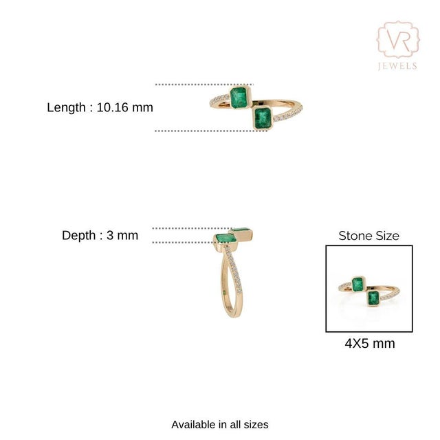 14k Gold Open Bypass Octagon Cut Emerald & Diamond Toi Et Moi Ring Size 9 For Sale - Image 12 of 17