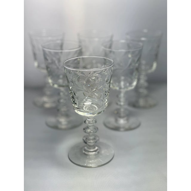 Vintage Victoria pattern wine or cordial stemware by Rock Sharpe (1948). Mid century design features cut leaves on a blown...