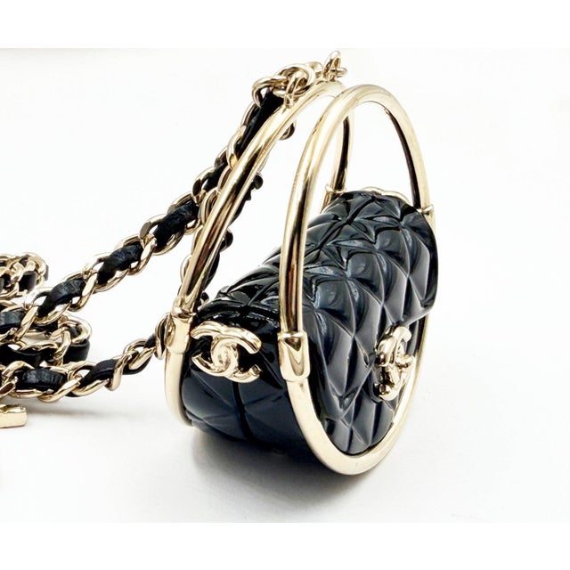 Chanel Chanel Brand New Gold CC Black Hula Bag Mirror Large Charm Long Necklace For Sale - Image 4 of 7