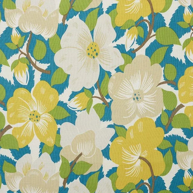 Schumacher X Paul Poiret Magnolias Fabric in Citron & Peacock For Sale