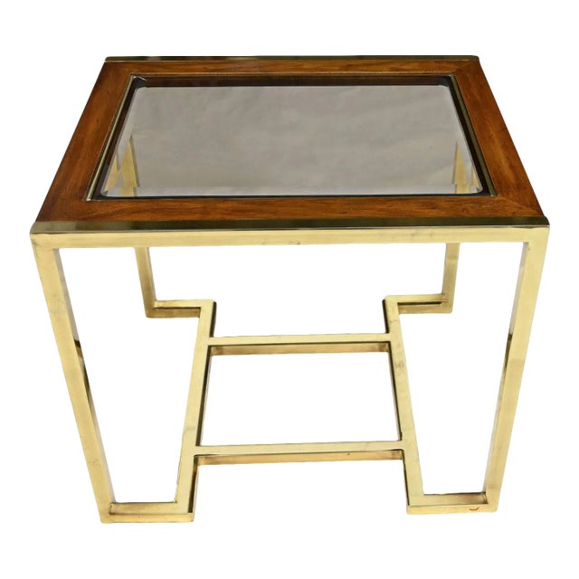 Thomasville Furniture Modern Brass Plated Dark Wood & Smoked Glass Rectangle End Table In the Style of Milo Baughman For Sale