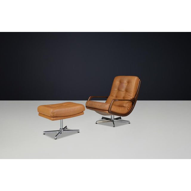 1970s Set of Swivel Lounge Chair and Ottoman in Cognac Leather attributed to Eugen Schmidt, Germany, 1970s, Set of 2 For Sale - Image 5 of 16
