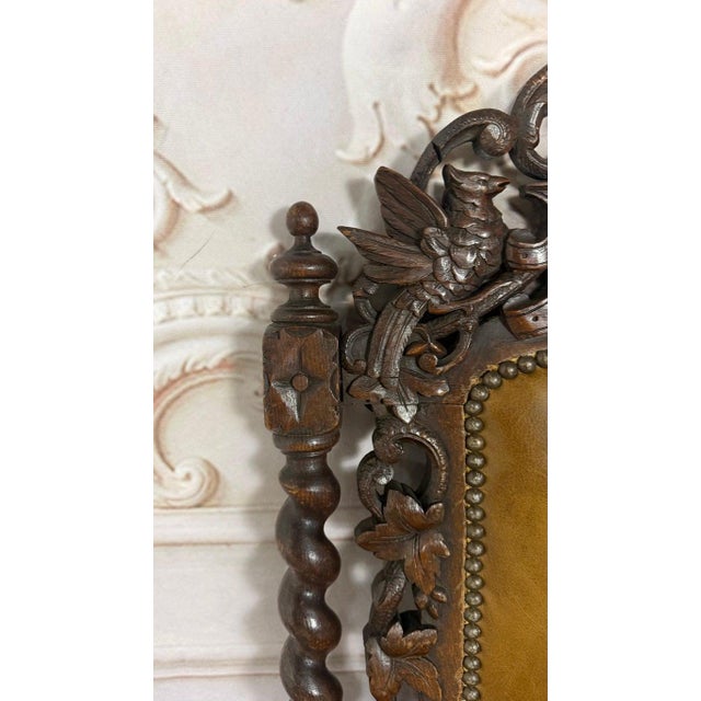 Late 19th Century Set of 6 Antique Jacobean Hunt Chairs in Heavily Carved Oak With Cognac Leather For Sale - Image 5 of 18