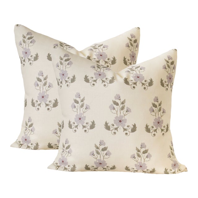 A Pair of Lauren Servati Textiles, Unfading Flower // Lilac Pillows, 20"x20" For Sale
