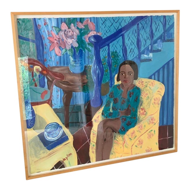 1990s "Woman in Living Room" Figurative Interior Scene Oil ...