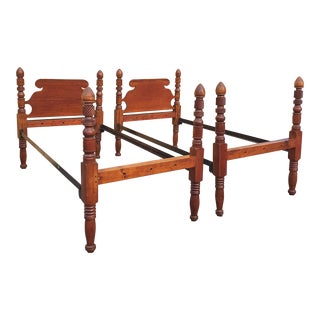 19th C. Victorian Walnut and Maple Converted Rope Semi Poster Twin Beds, Pair For Sale