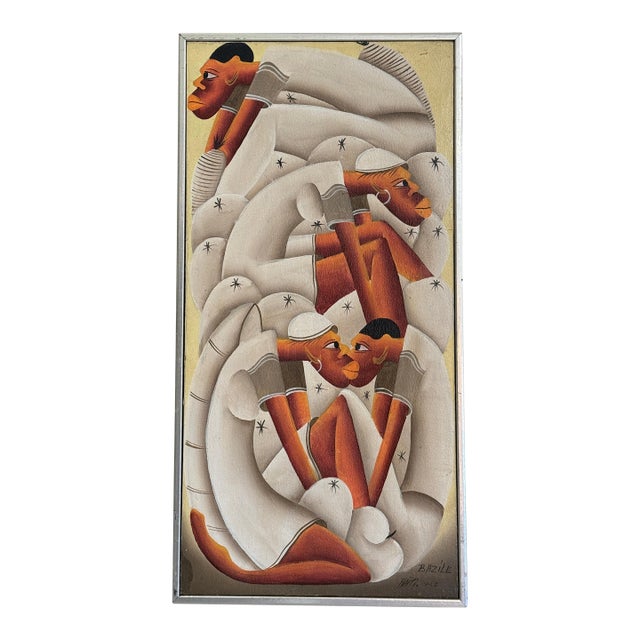1990s Whimsical Painting by Haitian Artist Signed Bazile after Laurent Casimir For Sale