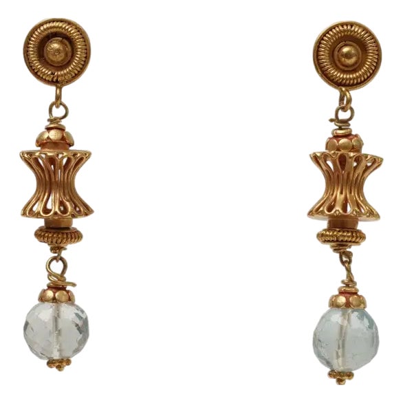1990s Pair of 18K Gold and Aquamarine Dangle Drop Earrings by Deborah Lockhart Phillips For Sale