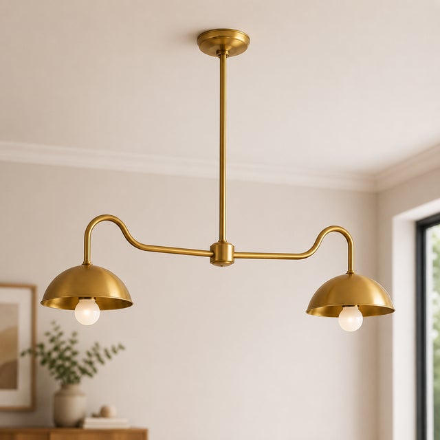 Crafted from solid heavy-gauge brass, this double-arm chandelier features two softly curved dome shades suspended from a...
