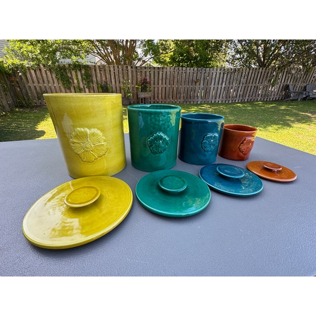 1960s Glazed Ceramic Colorful Pottery Lidded Kitchen Canisters Made in Italy - Set of 4 For Sale - Image 10 of 18