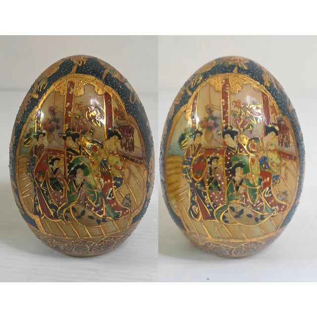Ivory Vintage Pair Chinese Satsuma‑Style Hand‑Painted Porcelain Eggs 5" For Sale - Image 8 of 10