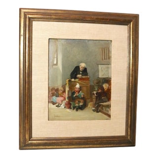 Antique 1800's Original John Burr Teacher Children School Oil Painting on Board For Sale