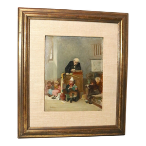 Antique 1800's Original John Burr Teacher Children School Oil Painting on Board