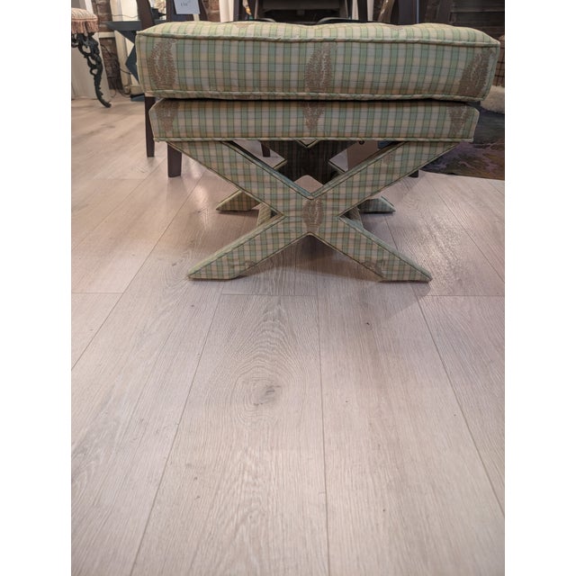 French 1960s Tufted Silk X Bench For Sale - Image 3 of 5