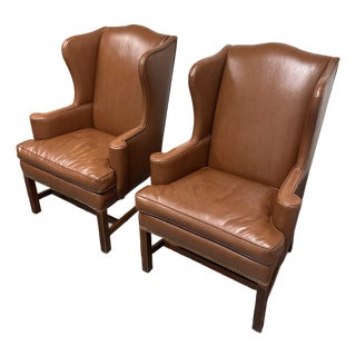Bespoke Leather Wingback Armchairs, Pair For Sale