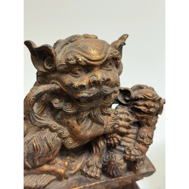 Antique 19th Century Chinese Carved Wood Temple Lions/Foo Dogs- a Pair For Sale - Image 9 of 12