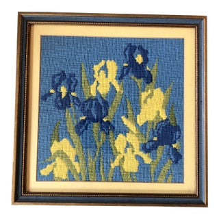 Original Vintage Hand Done Needlepoint Picture Irises Original Frame 1960’s For Sale