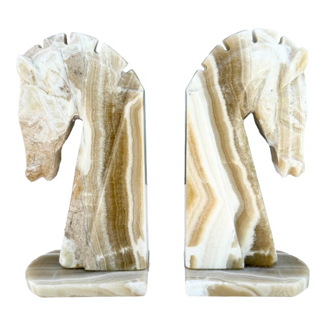 Mid-Century Modern Hand-Carved Banded Onyx Marble Horse Head Bookends For Sale