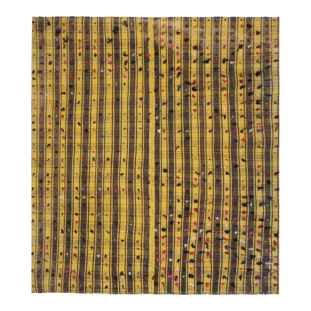 Striped Yellow Turkish Kilim With Tulu Details 6'8'' X 7'5'' For Sale