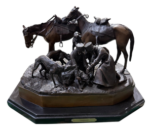 Large Bronze Group of Resting Cavalrymen with Horses and Hounds by Liebrech