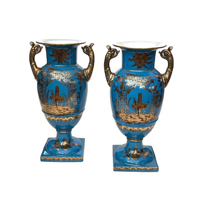 Pair of French Paris Porcelain Chinoiserie Gilt and Cerulean Blue Ground Vases For Sale - Image 4 of 15