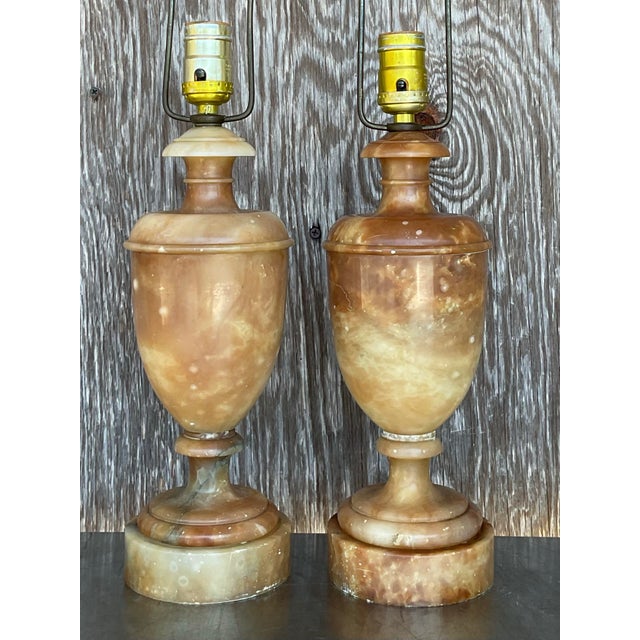 Mid 20th Century Vintage Boho Alabaster Urn Lamps - a Pair For Sale - Image 5 of 8