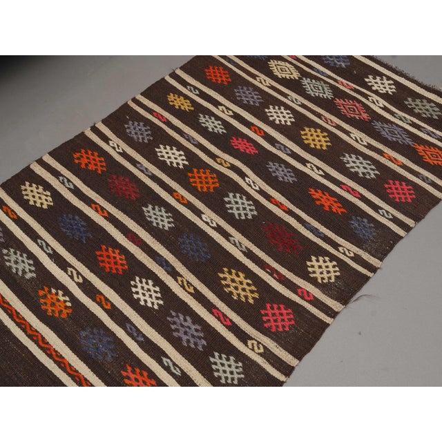 1970s 1970s Vintage Handmade Wool Cotton Brown Kilim Runner Rug For Sale - Image 5 of 11