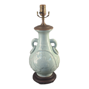 Vintage Asian Chinoiserie Celadon Longquan Glazed Floral Vase Table Lamp