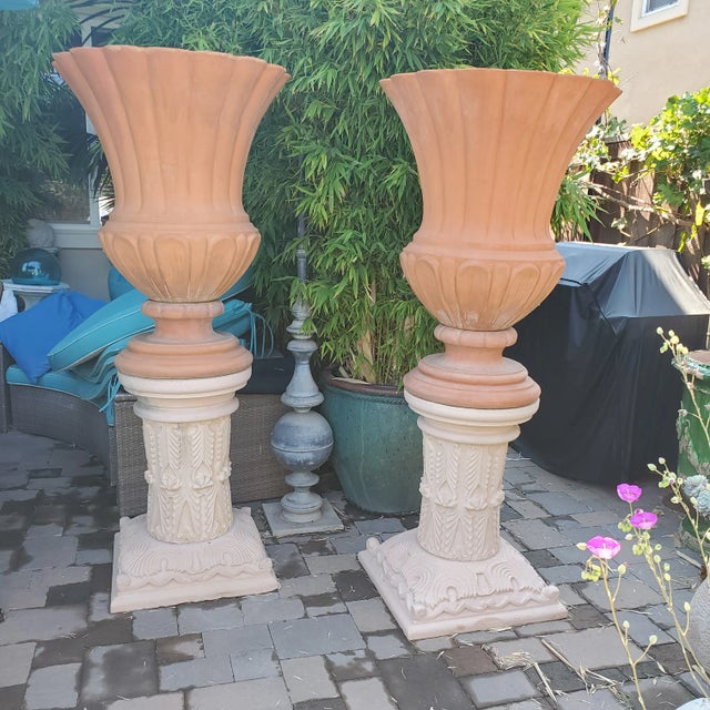 Pair of Large Terracotta Italian Urns "Ref Impruneta " on Carved Jodhpur Sandstone Pedestals For Sale - Image 4 of 13