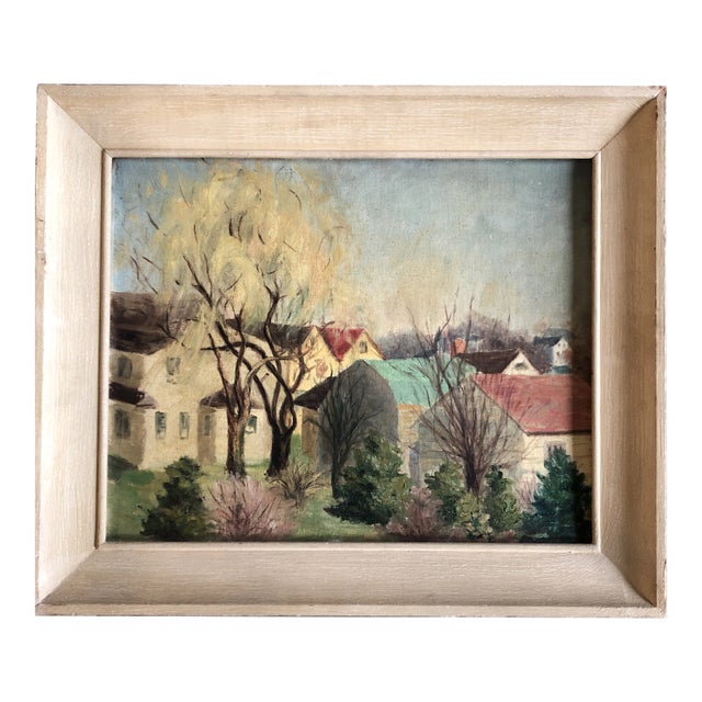 Vintage Impressionist Village Scene Painting Signed 1940’s For Sale