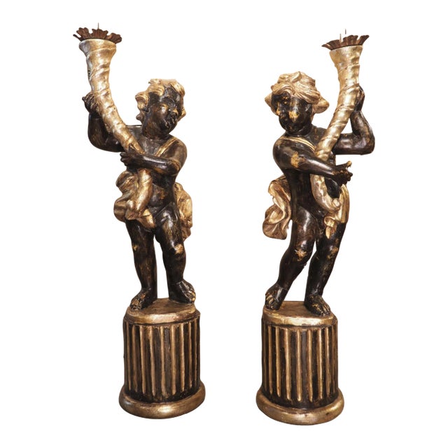 Pair of Italian 18th Century Painted and Gilt Putti With Cornucopia Torcheres For Sale